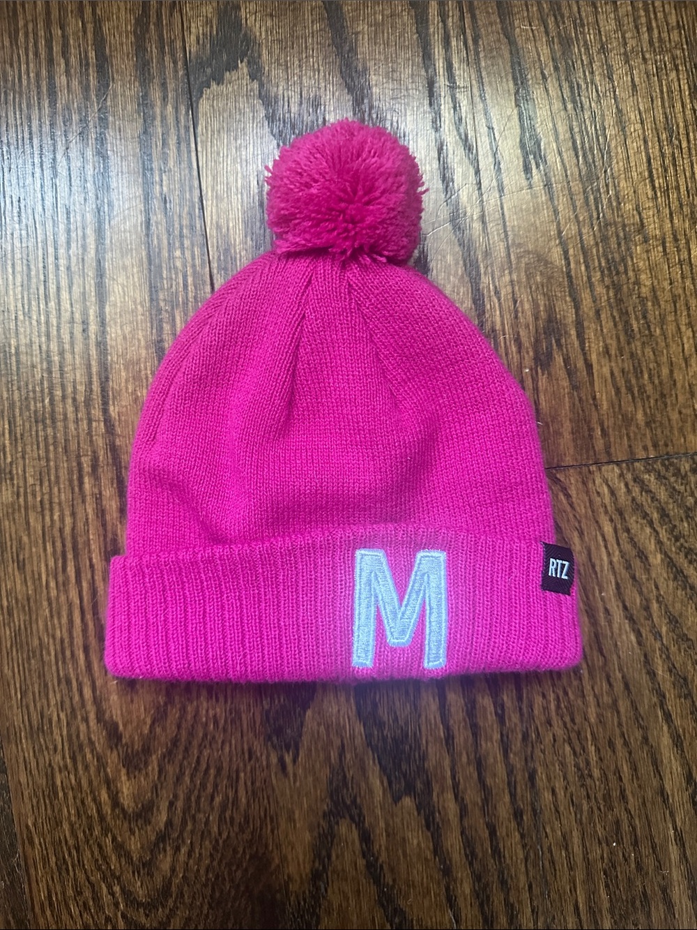 Baby Pom Pom Beanie Hat - Hot Pink with Embroidered 'M'